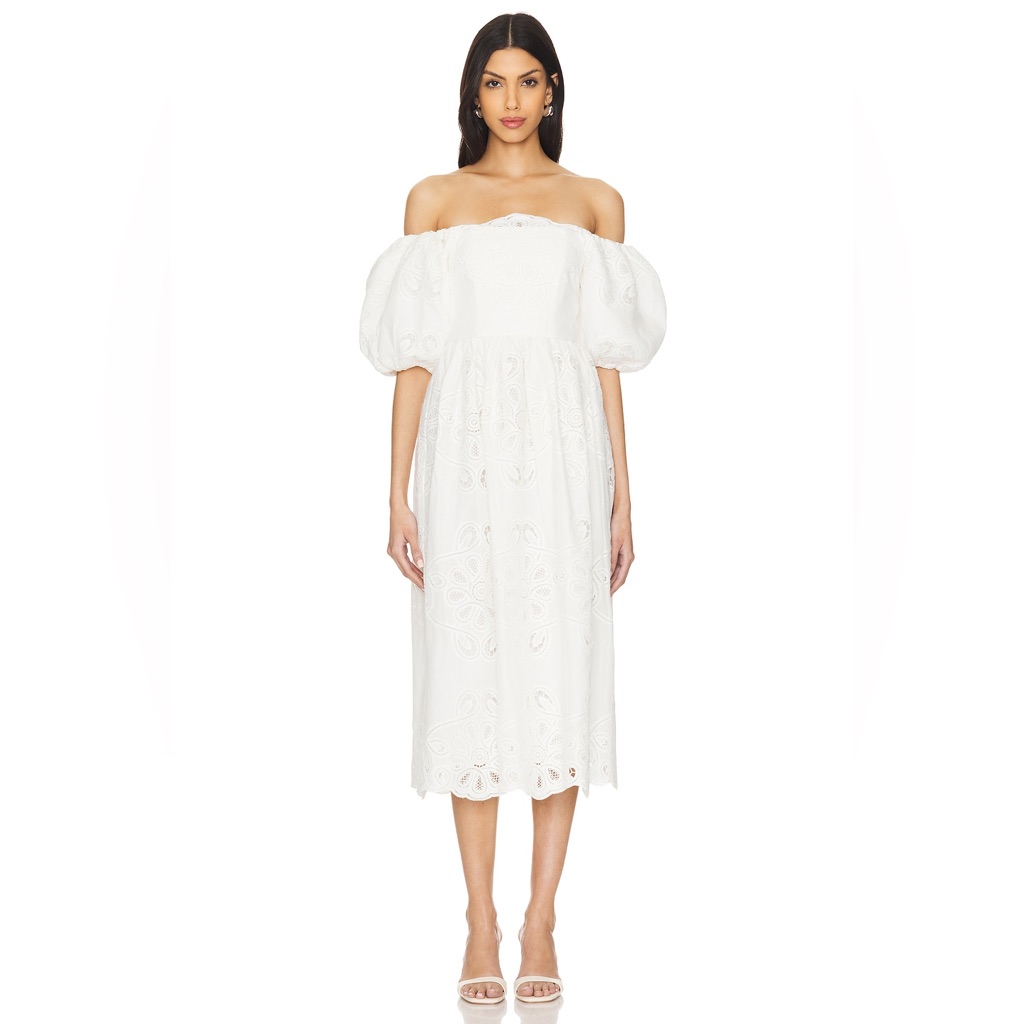 Lpa X Revolve Elegant Off-Shoulder White Aria Midi Dress New $388